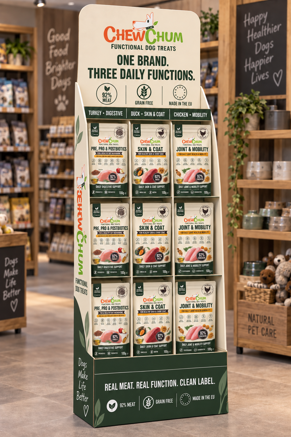 CHEWCHUM three-SKU retail floor display